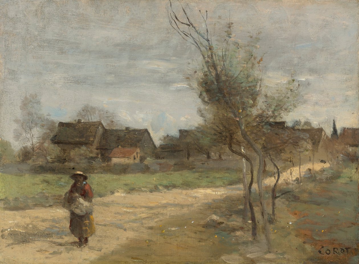 Bäuerin auf einer Straße mit Blick auf ein Dorf von Jean Baptiste Camille Corot