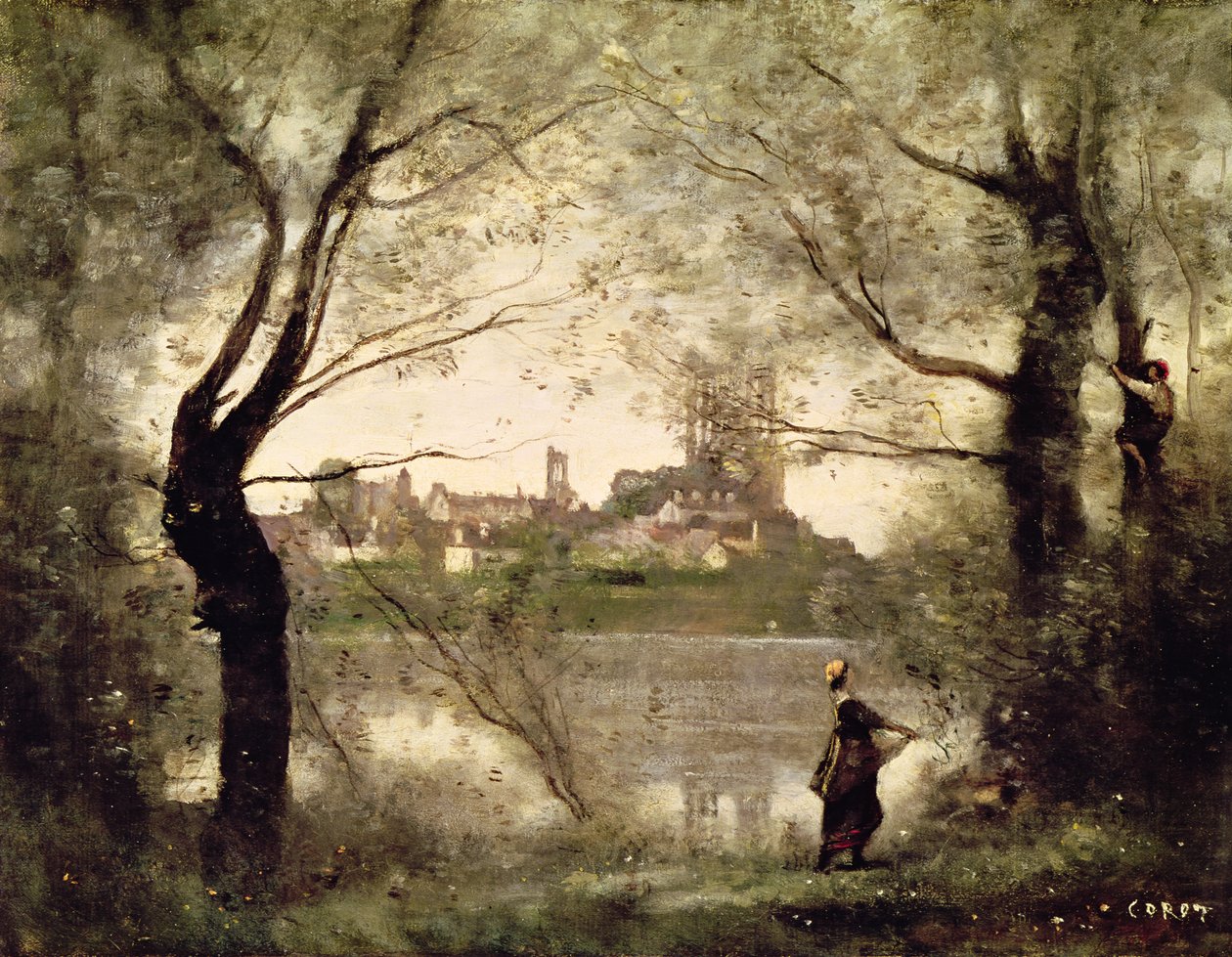 Blick auf die Stadt und Kathedrale von Mantes durch die Bäume, Abend von Jean Baptiste Camille Corot