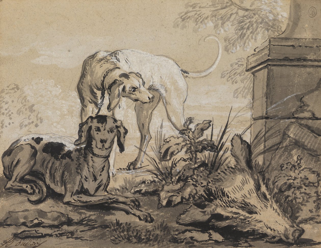 Nach der Jagd - Zwei Hunde neben einem Wildschweinkopf von Jean Baptiste Oudry