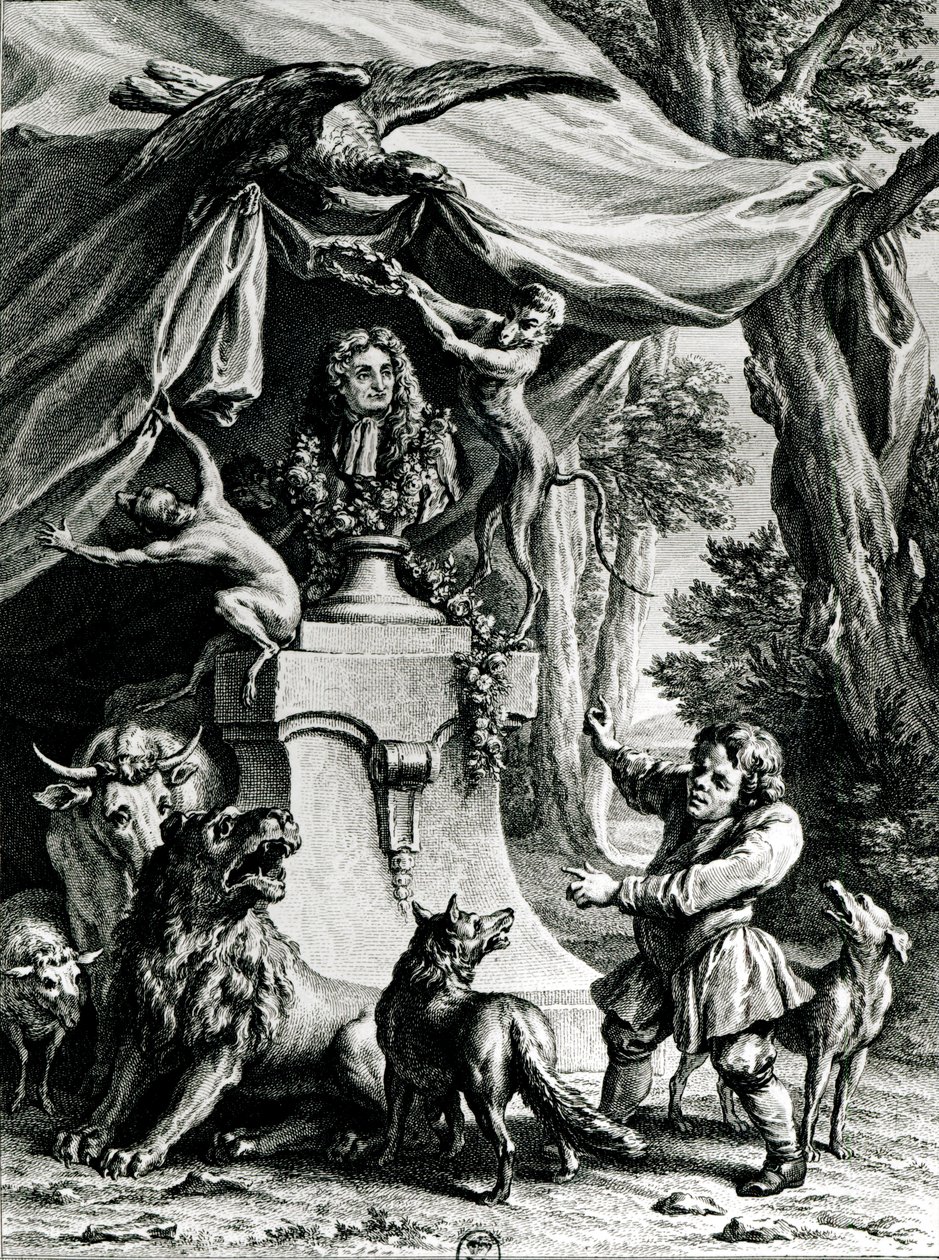 Allegorisches Porträt von Jean de La Fontaine (1621-95) umgeben von Tieren aus seinen Fabeln von Jean Baptiste Oudry