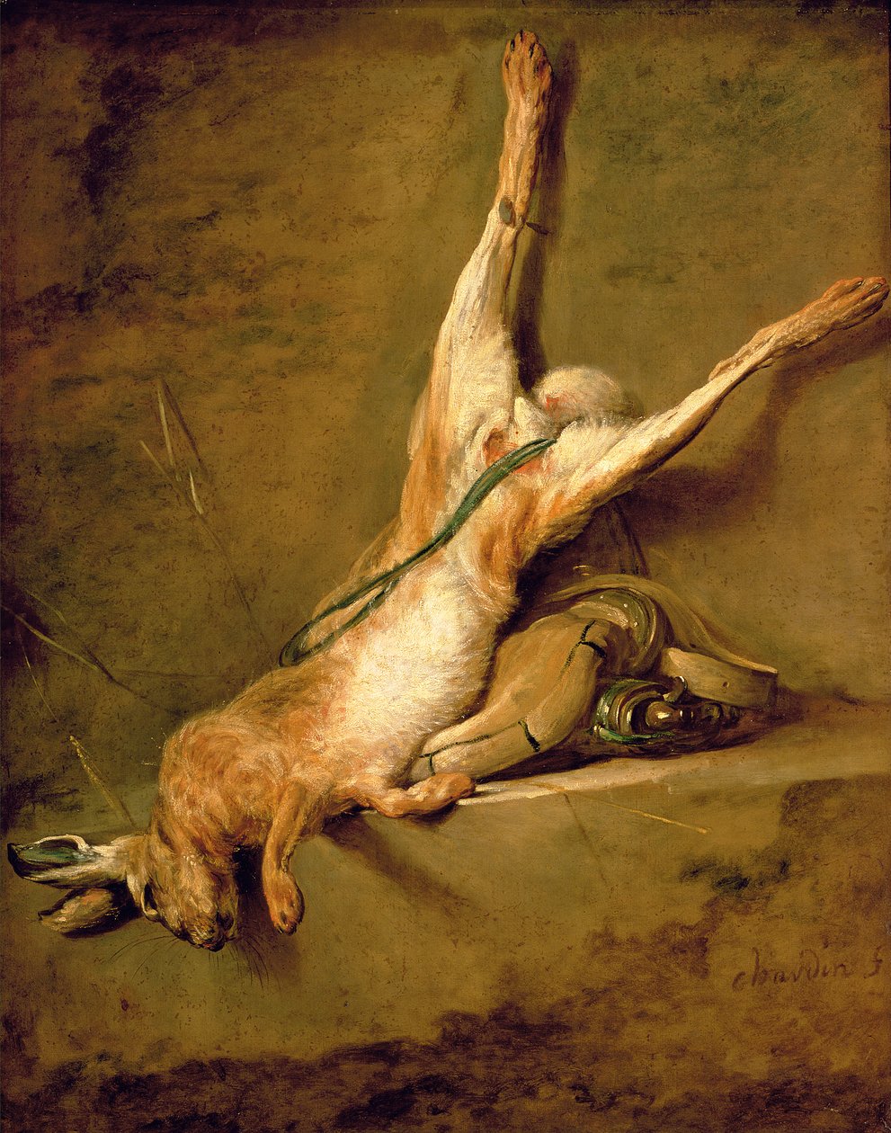 Toter Hase mit Pulverhorn und Jagdtasche, ca. 1726-30 von Jean Baptiste Simeon Chardin