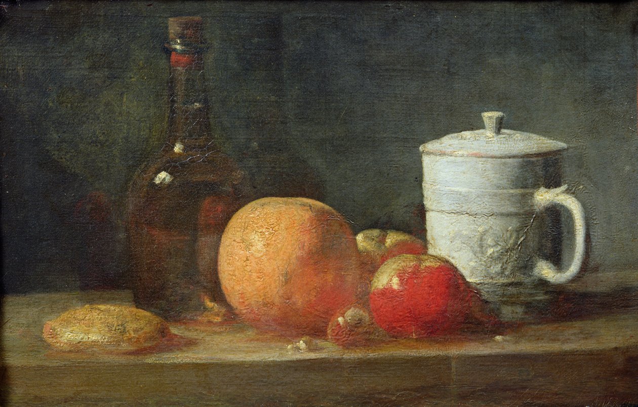 Stillleben mit Obst und Weinflasche von Jean Baptiste Simeon Chardin