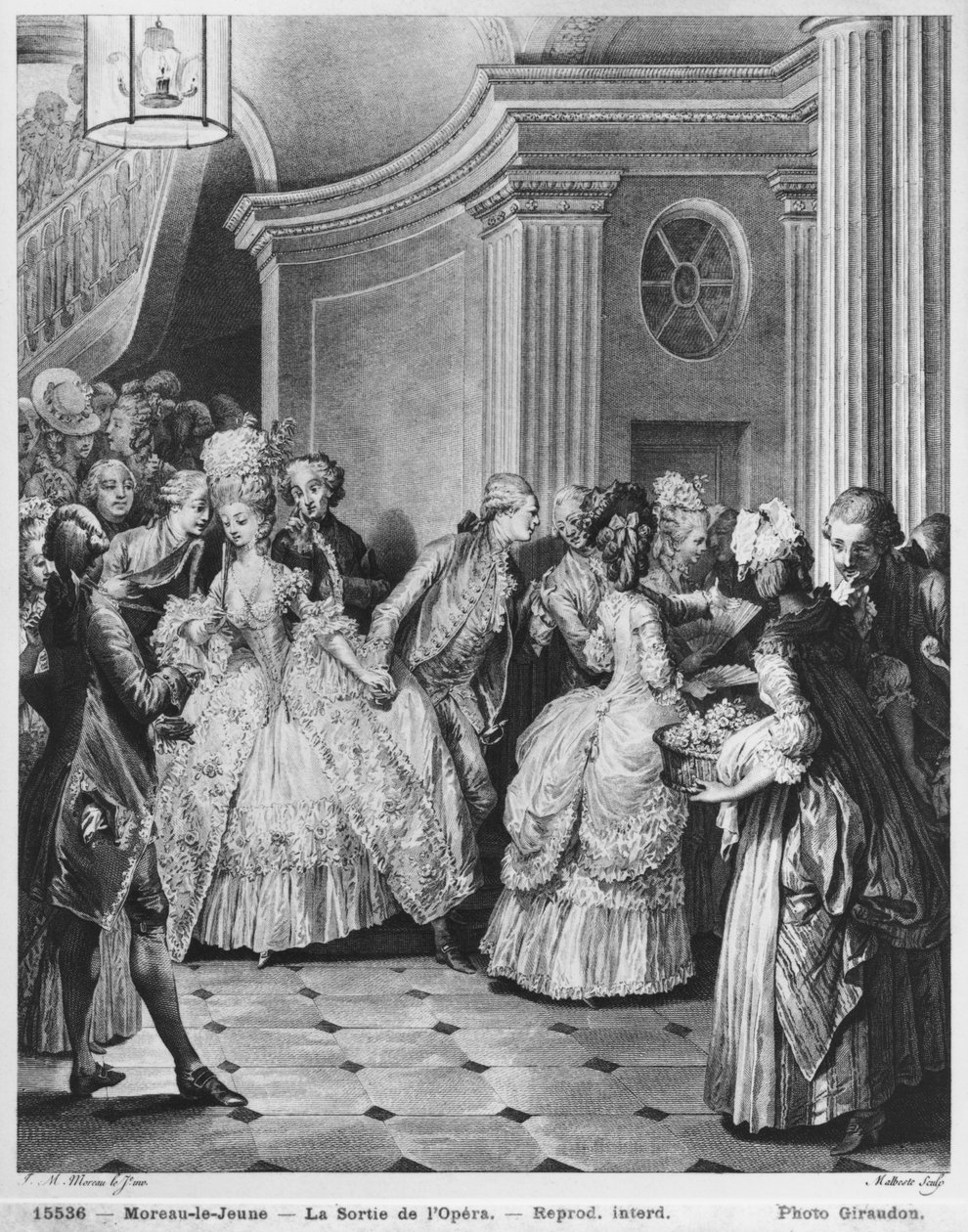 Aus der Oper kommen, graviert von Georges Malbeste oder Malbete (1743-1809) von Jean Michel the Younger Moreau