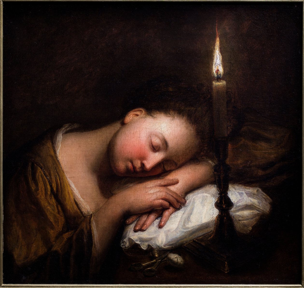 Junges Mädchen schläft bei Kerzenlicht von Jean Baptiste (after) Santerre