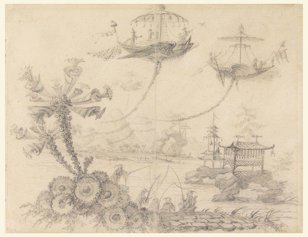 Zeichnung, Chinoiserie-Fantasie, 1770–1790 von Jean Baptiste Pillement