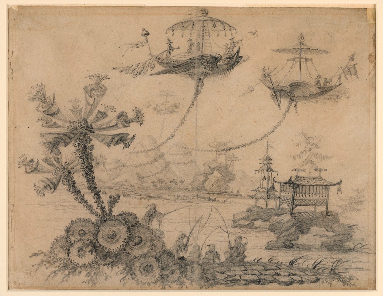 Zeichnung, Chinoiserie-Fantasie, 1770–1790 von Jean Baptiste Pillement