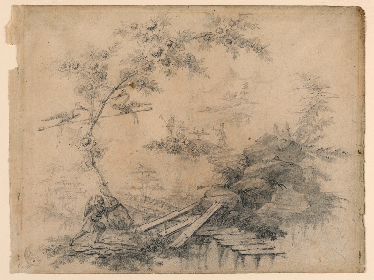 Zeichnung, Chinoiserie-Fantasie, ca. 1780 von Jean Baptiste Pillement