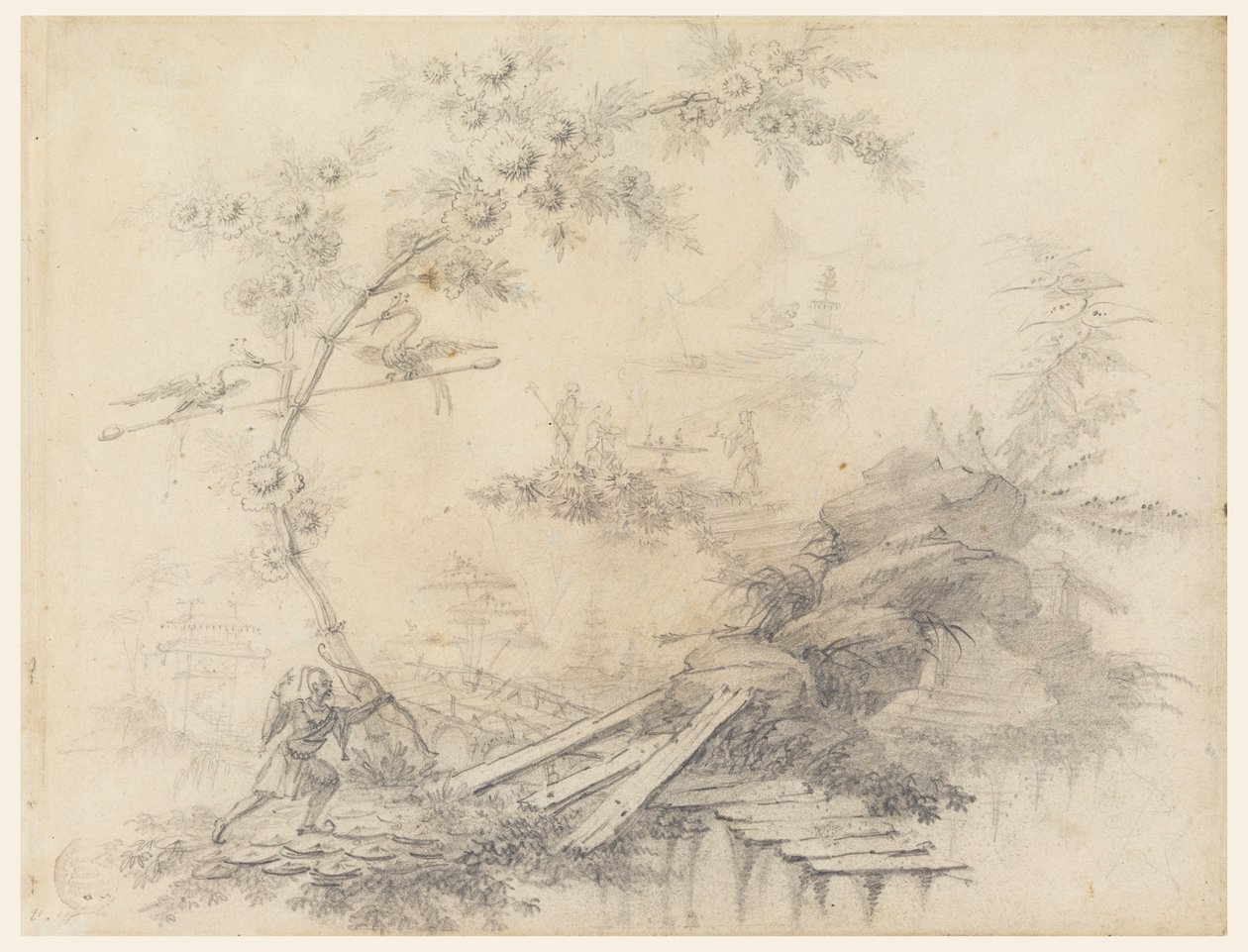Zeichnung, Chinoiserie-Fantasie, ca. 1780 von Jean Baptiste Pillement