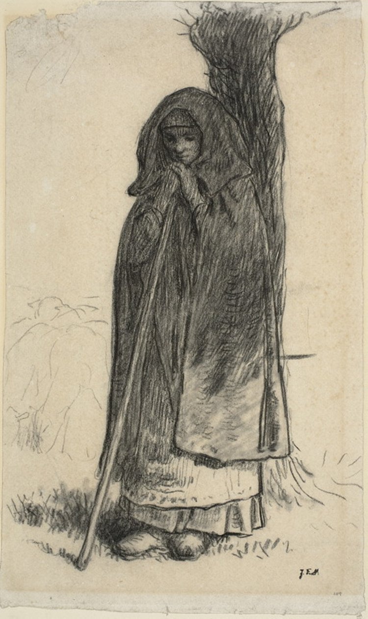 Hirtin, die sich an einen Baum lehnt von Jean Francois Millet