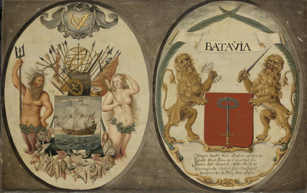 Die Wappen der Niederländischen Ostindien-Kompanie und der Stadt Batavia, 1651 von Jeronimus Becx