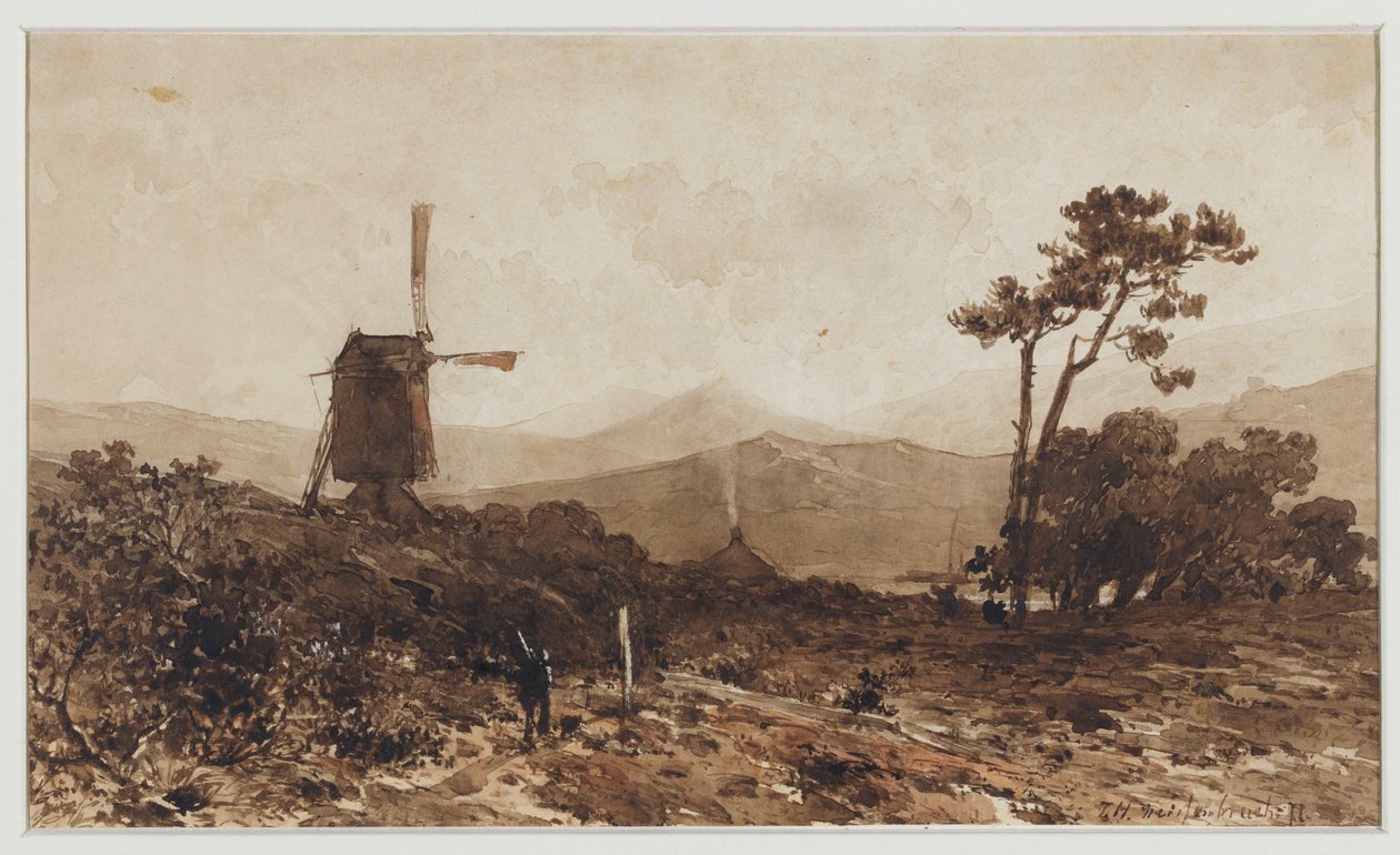 Hügellandschaft mit einer Mühle links von Johan Hendrik Weissenbruch