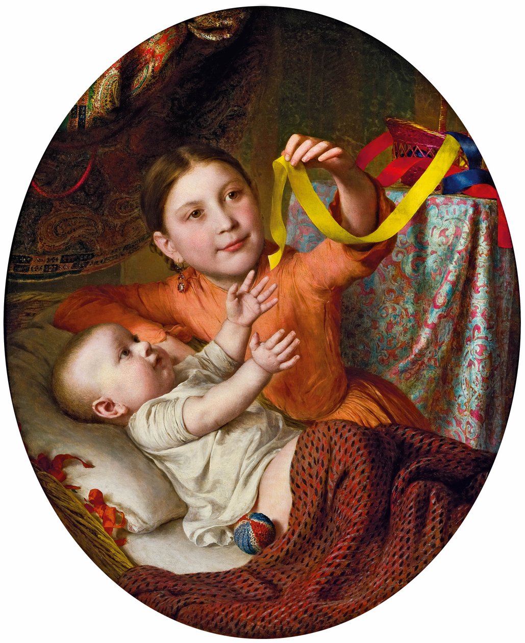 Zwei Kinder mit Seidenbändern spielend von Johann Baptist Reiter