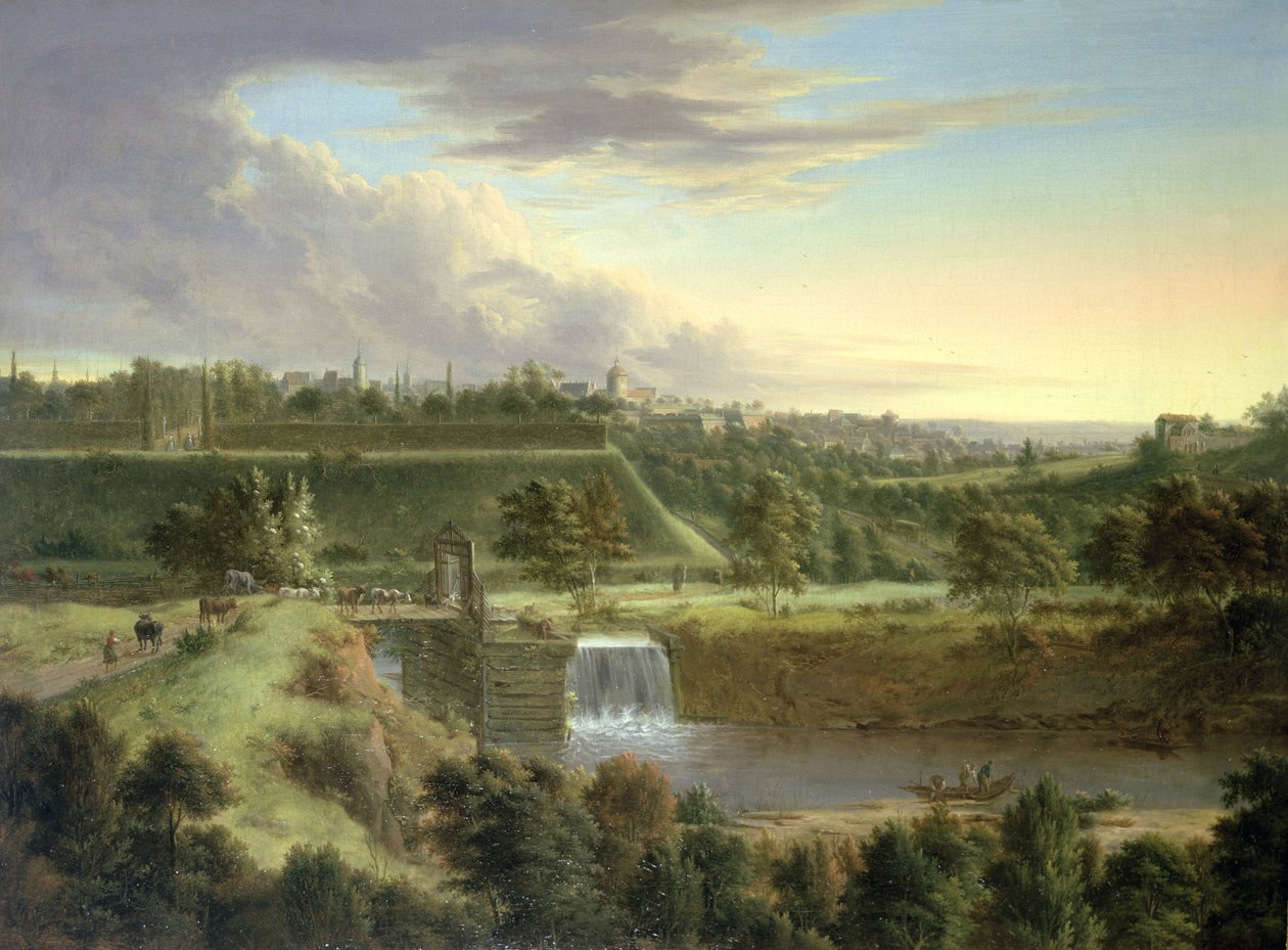 Flusslandschaft bei einer ummauerten Stadt, wahrscheinlich Sachausen von Johann Christian Vollerdt or Vollaert