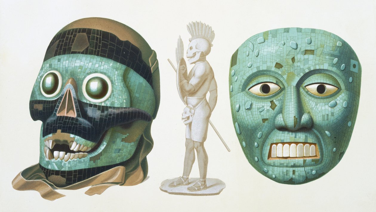Links: Totenkopfsmaske des Gottes Tezcatlipoca und rechts: Maske, die den Gott Quetzalcoatl oder Tonatiuh darstellt, um 1500, Tafel 43 aus 