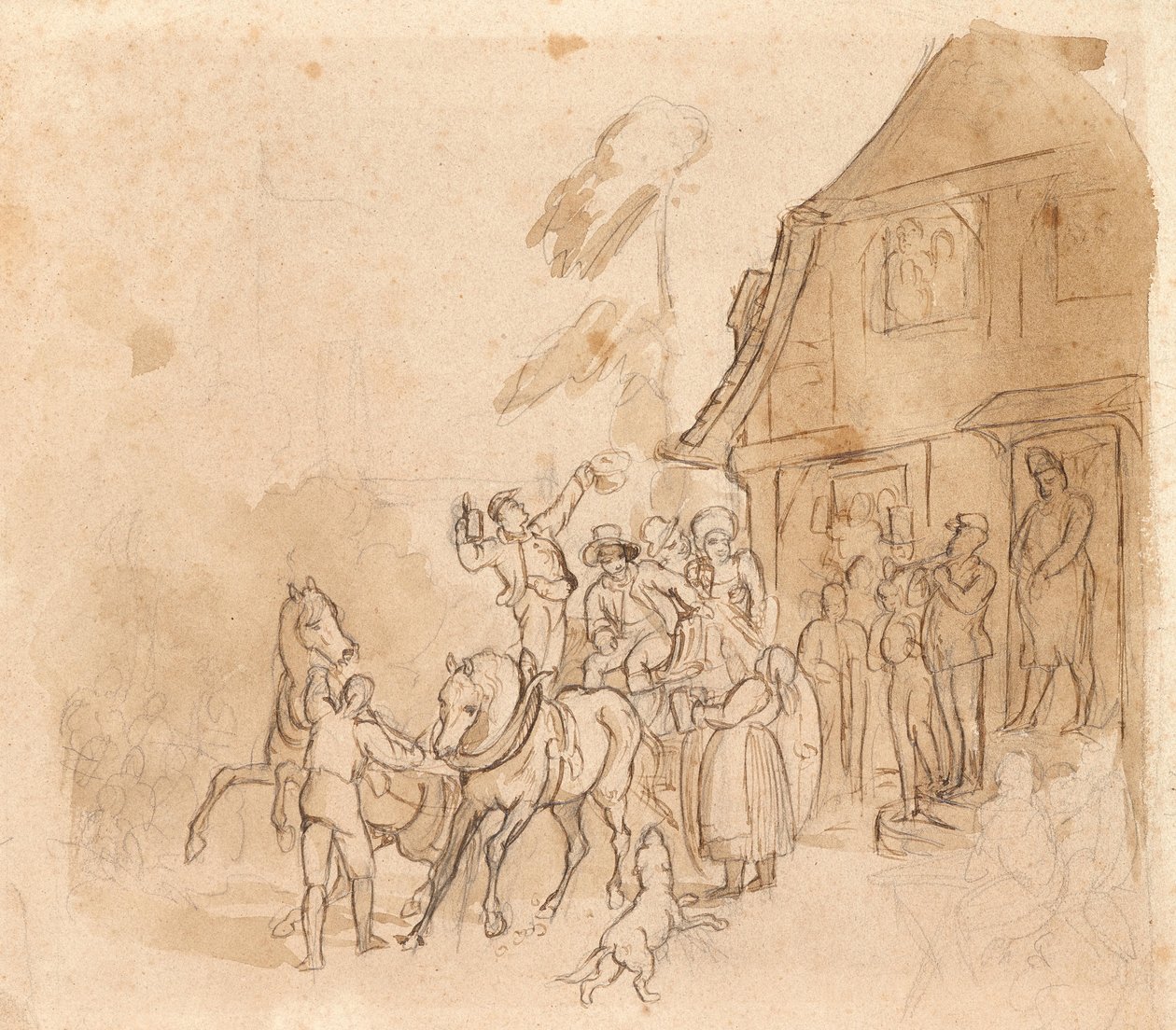 Pferdewagen mit Biertrinkern vor Gasthaus von Johann Friedrich Voltz