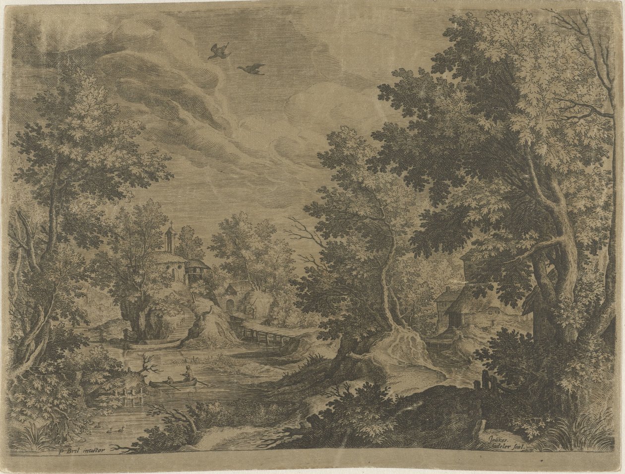 Flusslandschaft mit einem Ruderboot von Johann Sadeler (I)