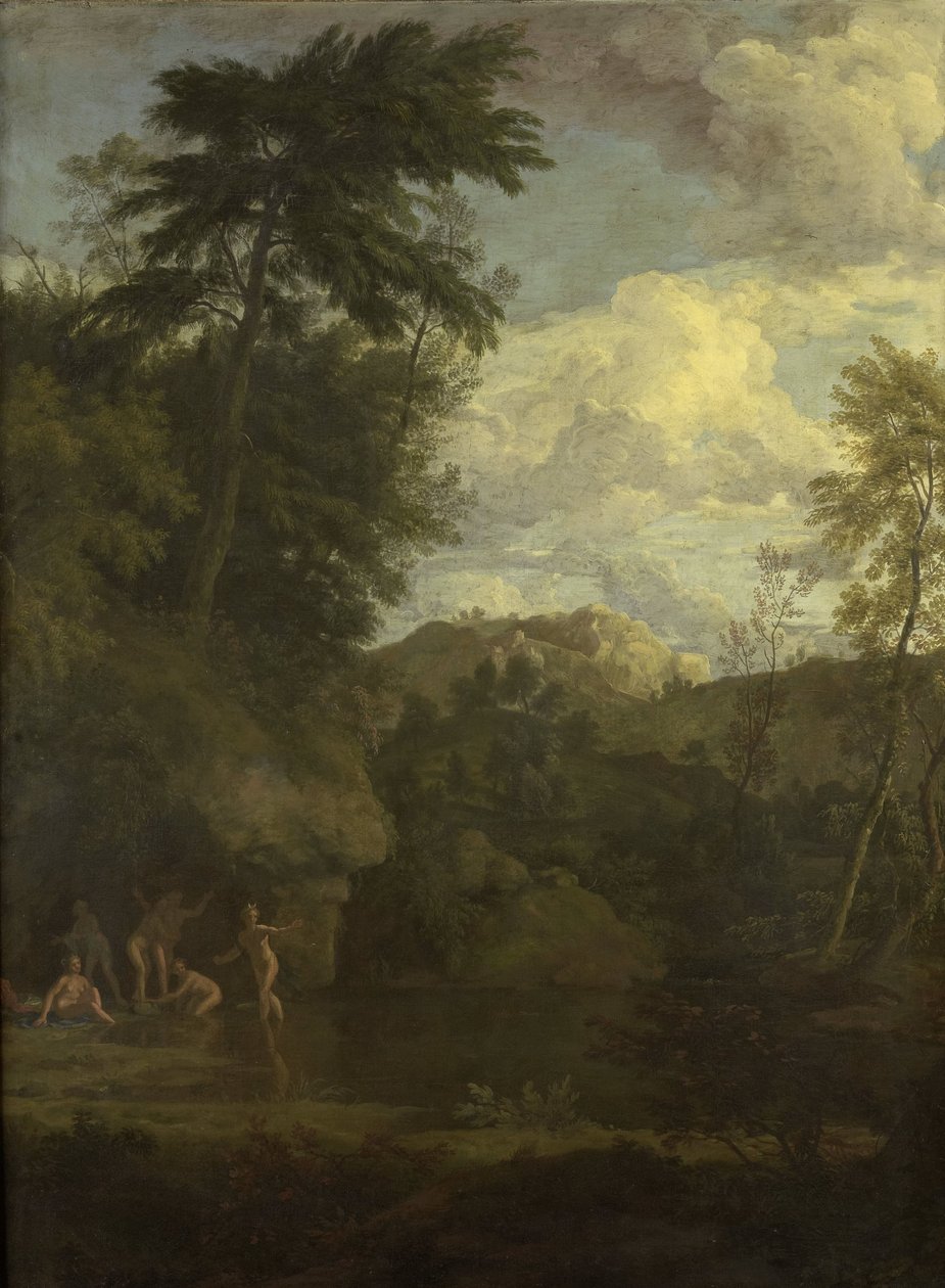 Arkadische Landschaft mit Diana beim Baden von Johannes Glauber