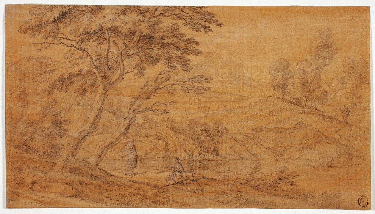 Landschaft mit Figuren an einem Bach von Johannes Glauber