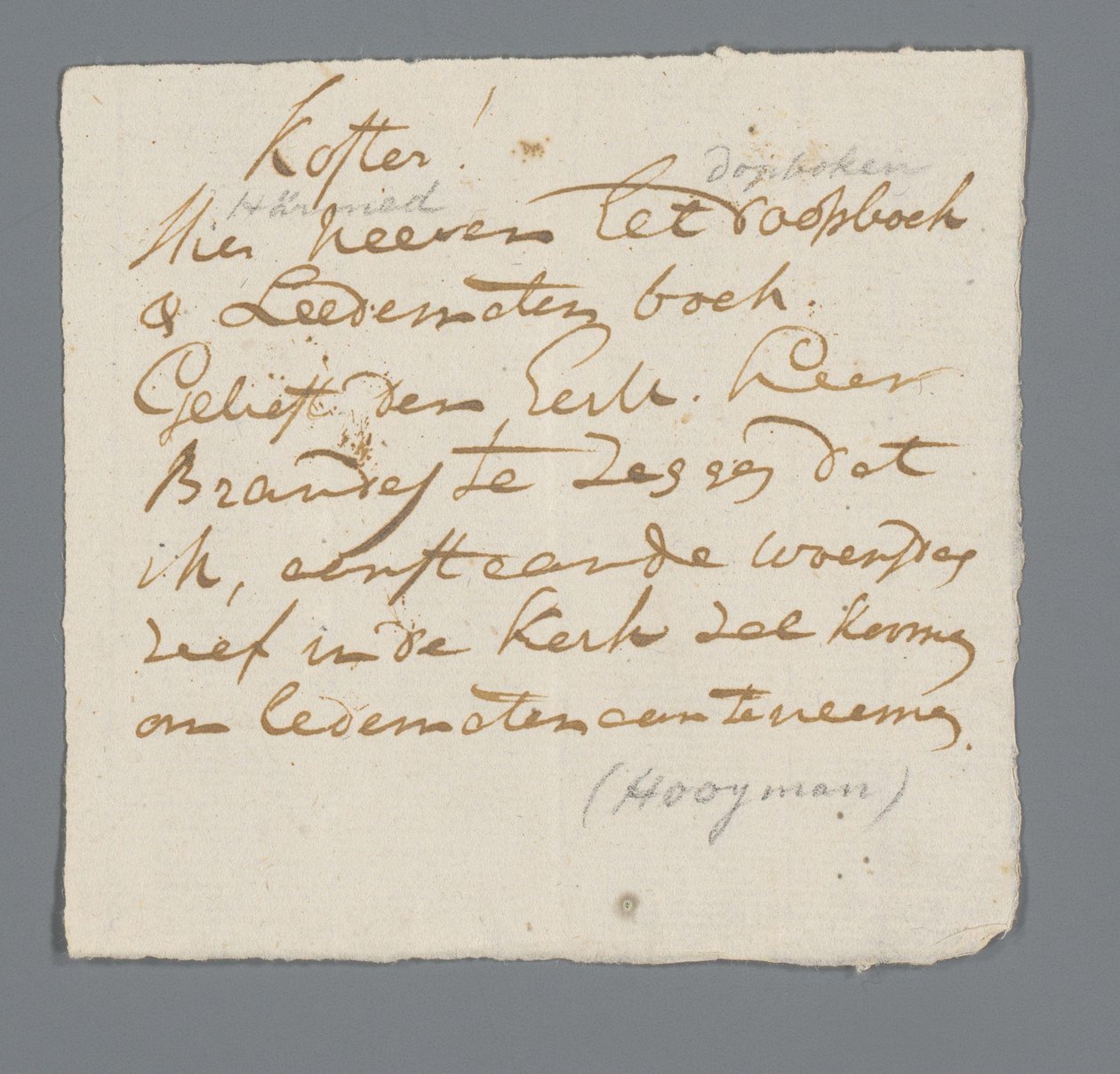 Brief von Pfarrer Hooyman an den Küster von Johannes Hooyman