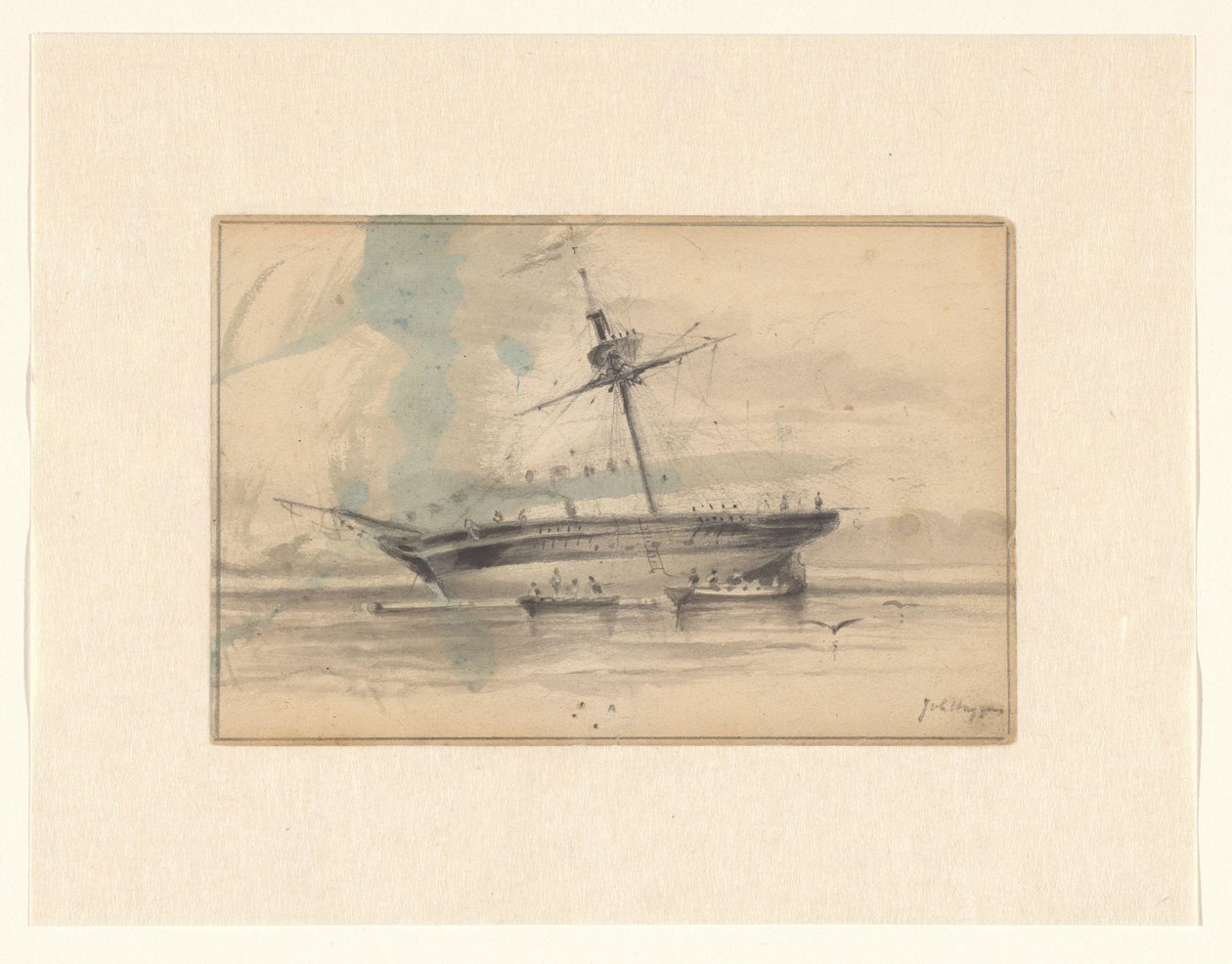 Segelschiff mit zwei Ruderbooten von Johannes Huygens (signed by artist)