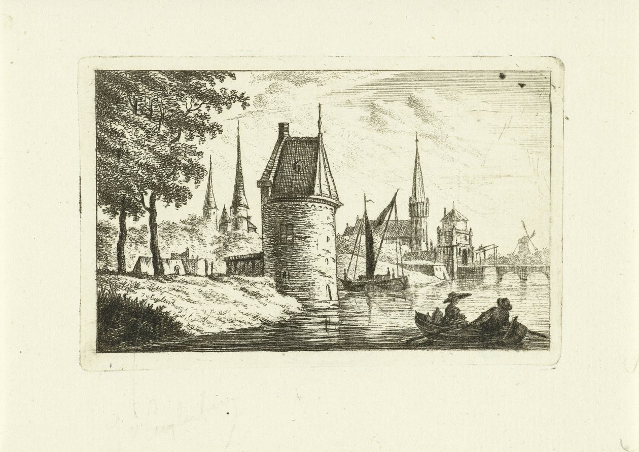 Stadtansicht mit Turm am Fluss von Johannes van Cuylenburgh