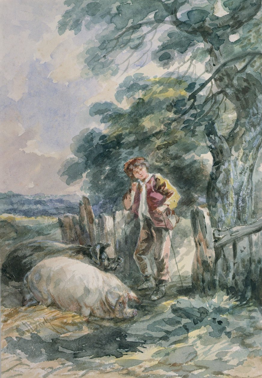 Landschaftsskizze mit einem Jungen und zwei Schweinen von John Barker
