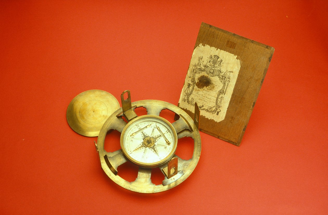 Einfaches Theodolit mit Handelskarte im Deckel des Gehäuses, ca. 1780 von John Bennett