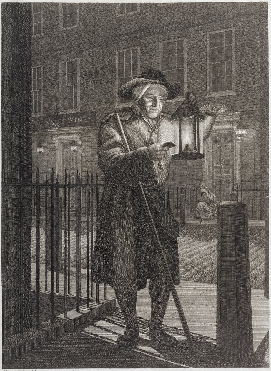 Londoner Nachtwächter mit seiner Laterne im Mondlicht, 1776 von John Bogle