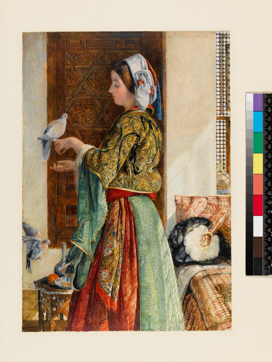Mädchen mit zwei Käfigtauben, Kairo, 1864 von John Frederick Lewis