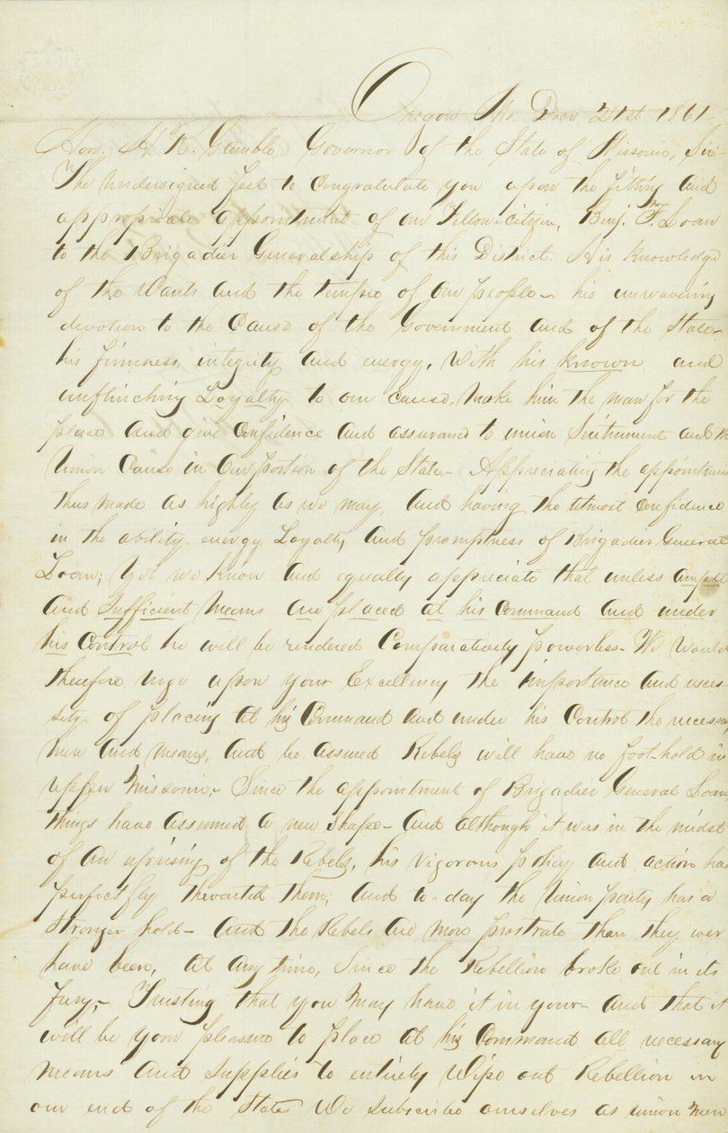 Eine Petition zur Finanzierung und Versorgung der Miliz unter General Benjamin Loan von John H.C. Curtis