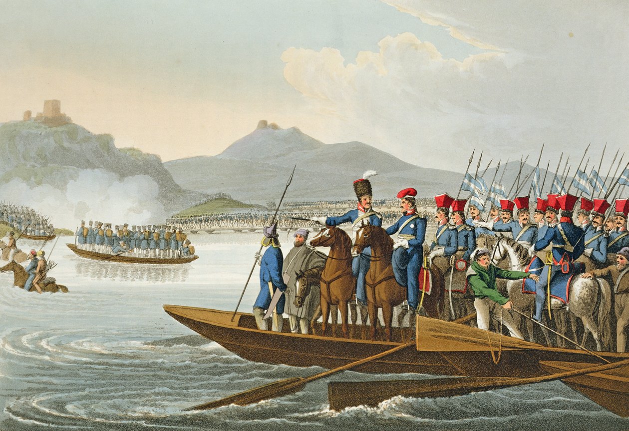 Die alliierte Armee überquert den Rhein, um Frankreich zu erobern, 1813, graviert von Matthew Dubourg aus 