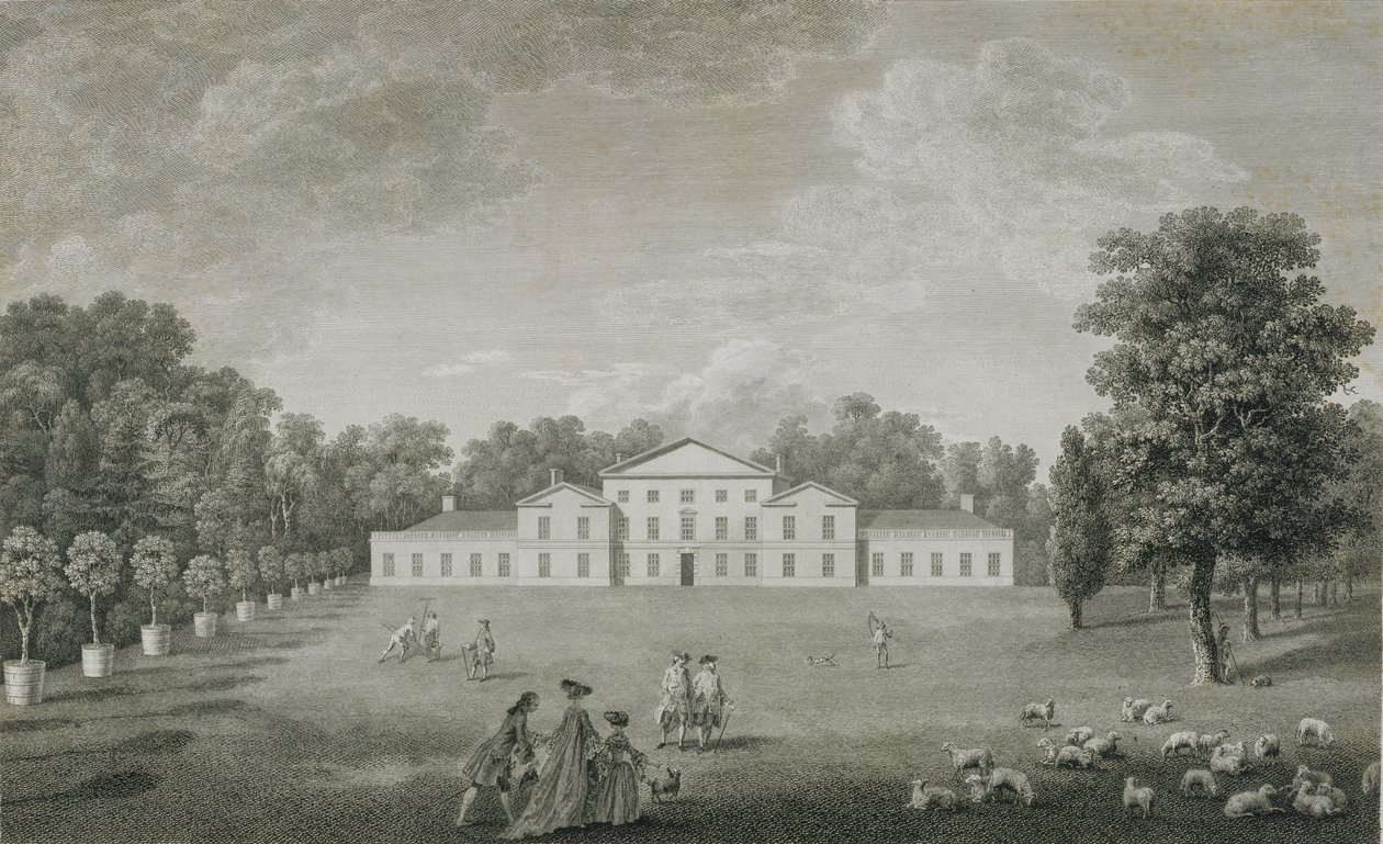 Blick auf den Palast in Kew vom Rasen aus, graviert von William Woollett (1735-85) 1763 von John Joshua Kirby