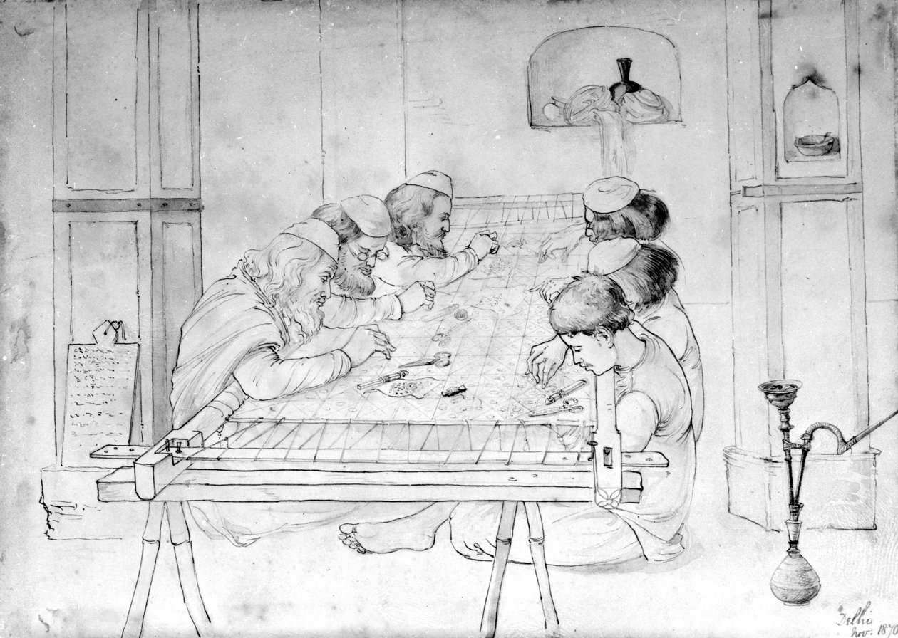Männer arbeiten an einem Stickrahmen, 1870 von John Lockwood Kipling