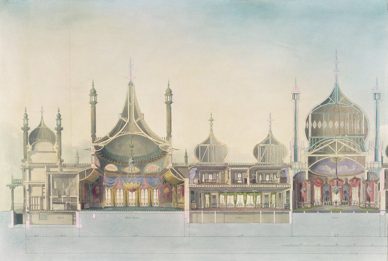 Längsschnitt (L bis R) Orgel, Musikzimmer, Galerie, Salon, Bankettsaal, Pagenzimmer, Küche aus Ansichten des Royal Pavilion, Brighton, von John Nash, 1826 von John Nash