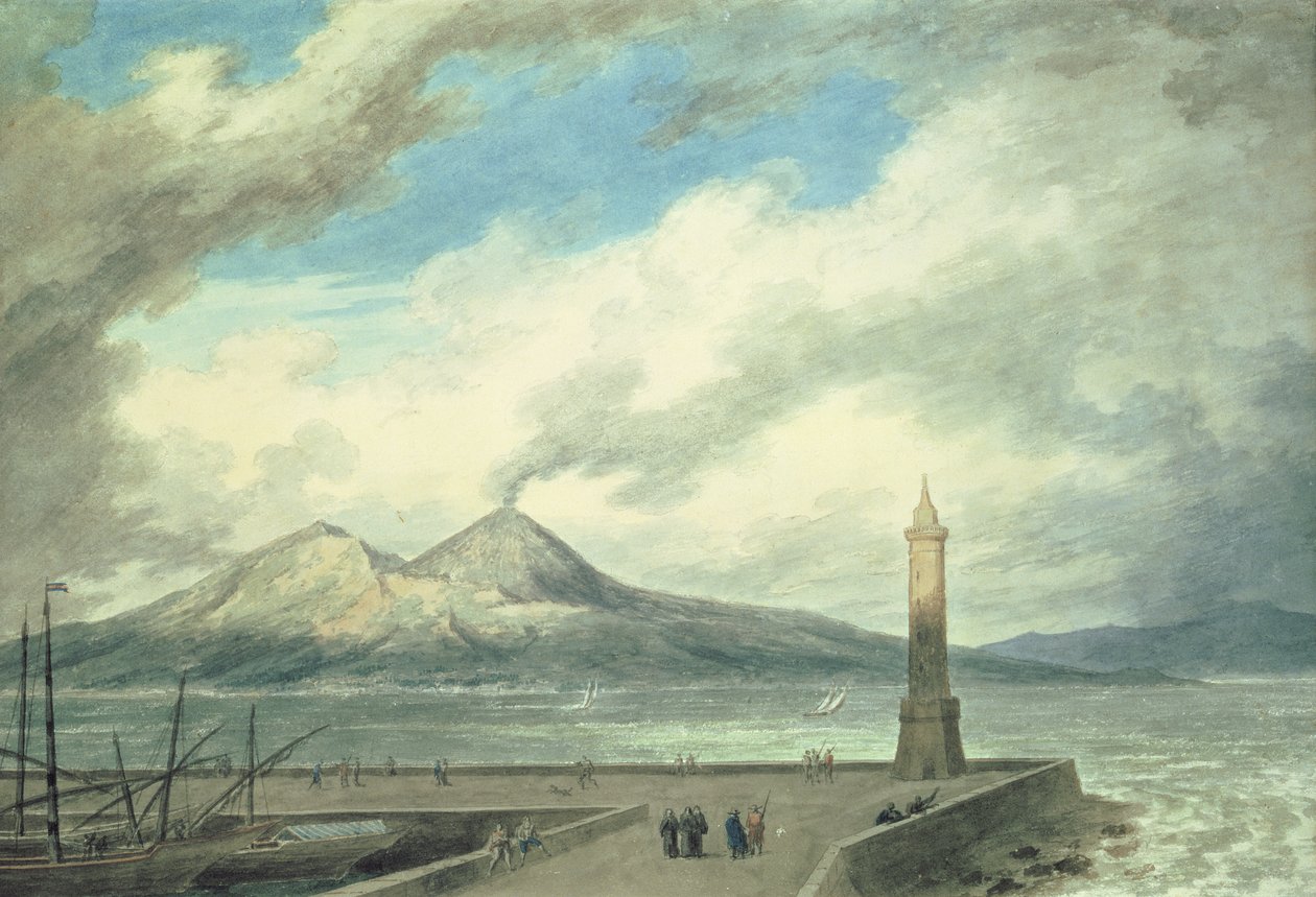 Vesuv und Somma vom Mole in Neapel, 18. Jahrhundert (Aquarell auf Papier) von John Robert Cozens