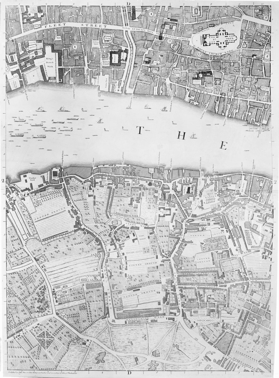 Karte von St. Pauls und Bankside, London, 1746 von John Rocque