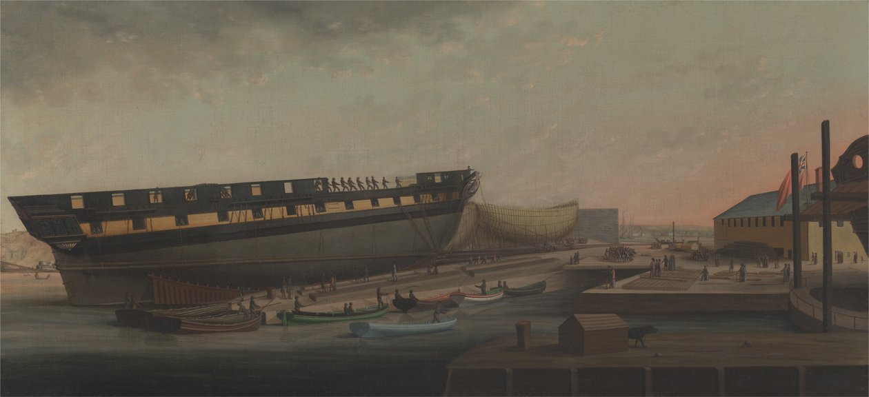 Das Aufrichten der Fregatte Seiner Majestät Diana in Blackburns Werft, nahe Plymouth von John Rogers