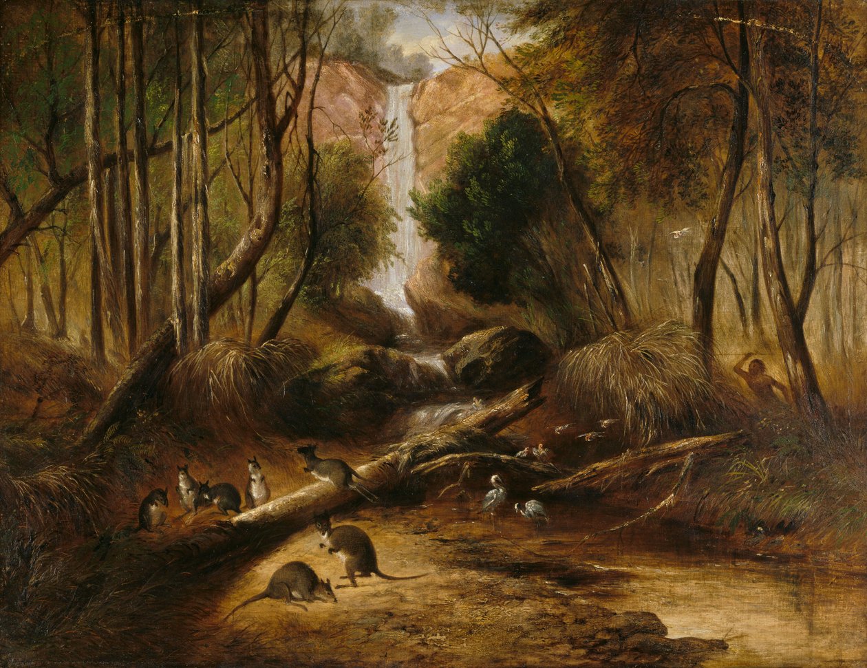 (Buschlandschaft mit Wasserfall und einem Aborigine, der einheimische Tiere verfolgt, New South Wales) von John Skinner Prout