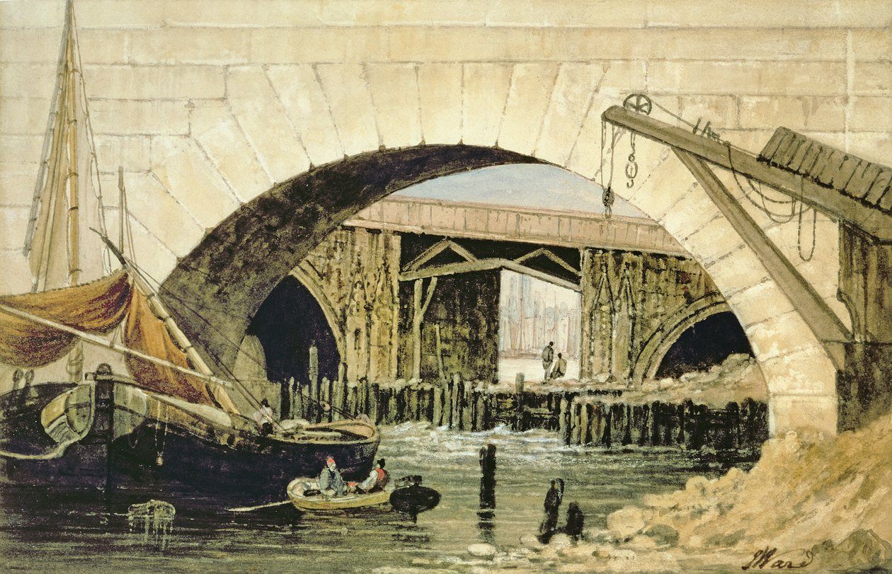 Ankerliegende Lastkähne in der Nähe der neuen London Bridge von John Ward