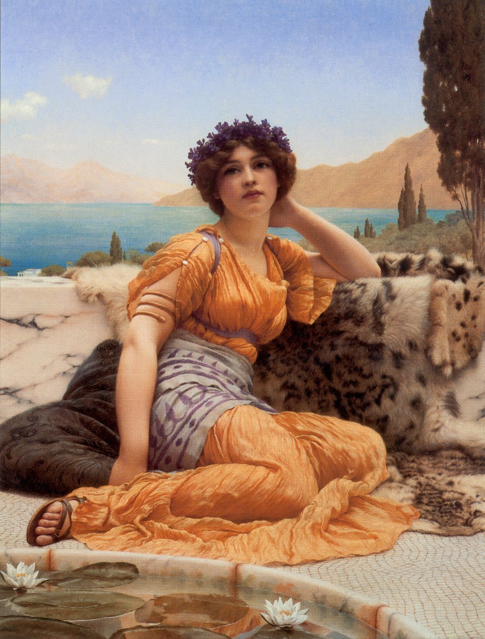 Mit Veilchen bekränzt und in einem safranfarbenen Gewand von John William Godward