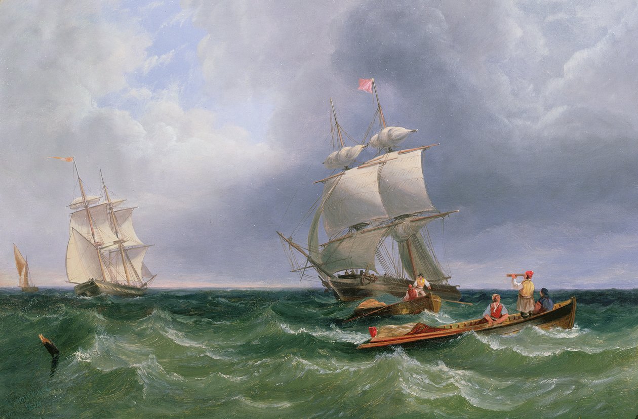Landungstrupps, Brigs in einer Dünung dahinter von John Wilson Carmichael