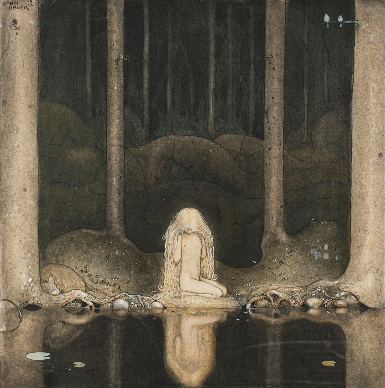 Prinzessin Tuvstarr sitzt immer noch sehnsüchtig am Wasser von John Bauer