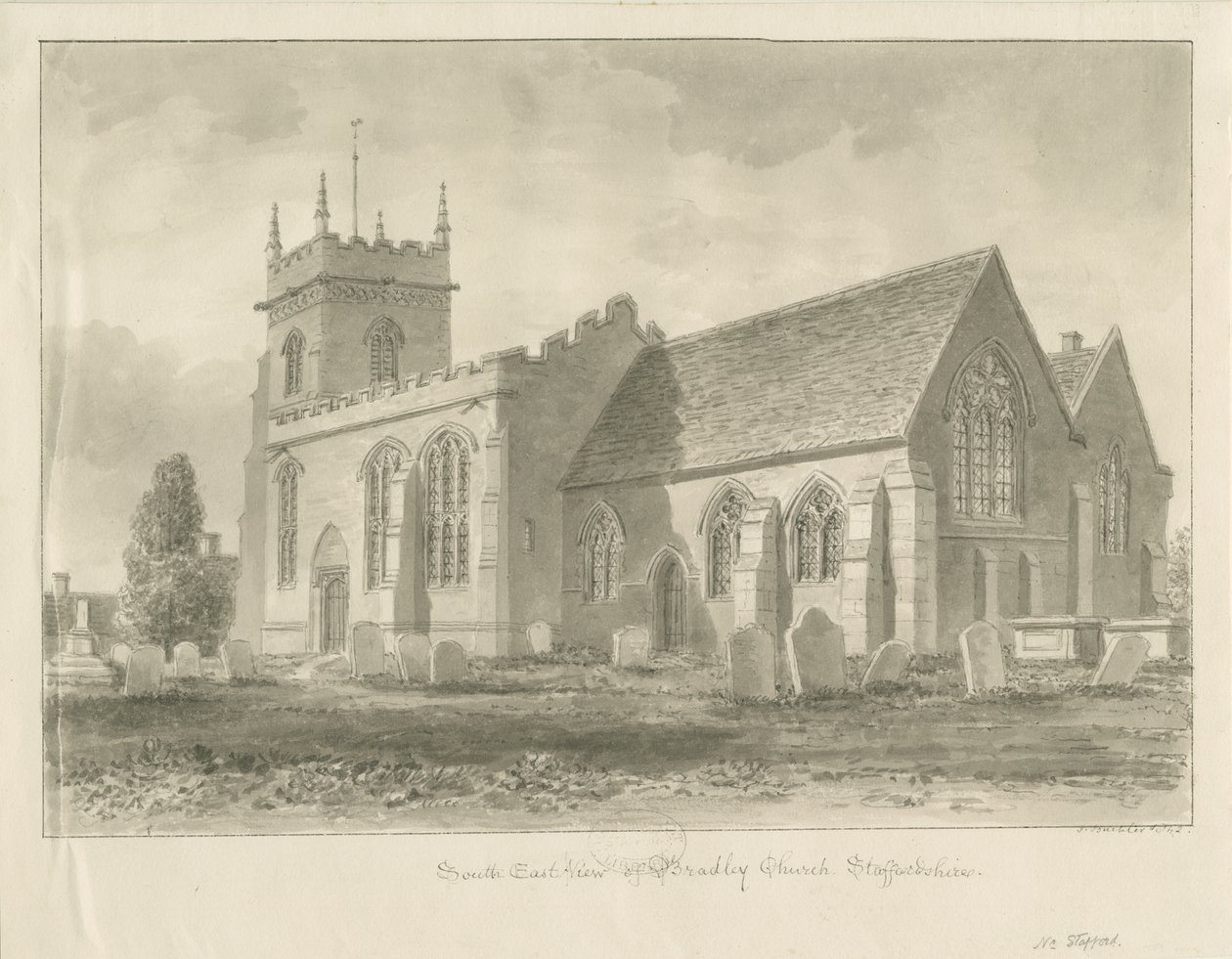 Bradley Kirche: Sepiazeichnung, 1842 von John Buckler