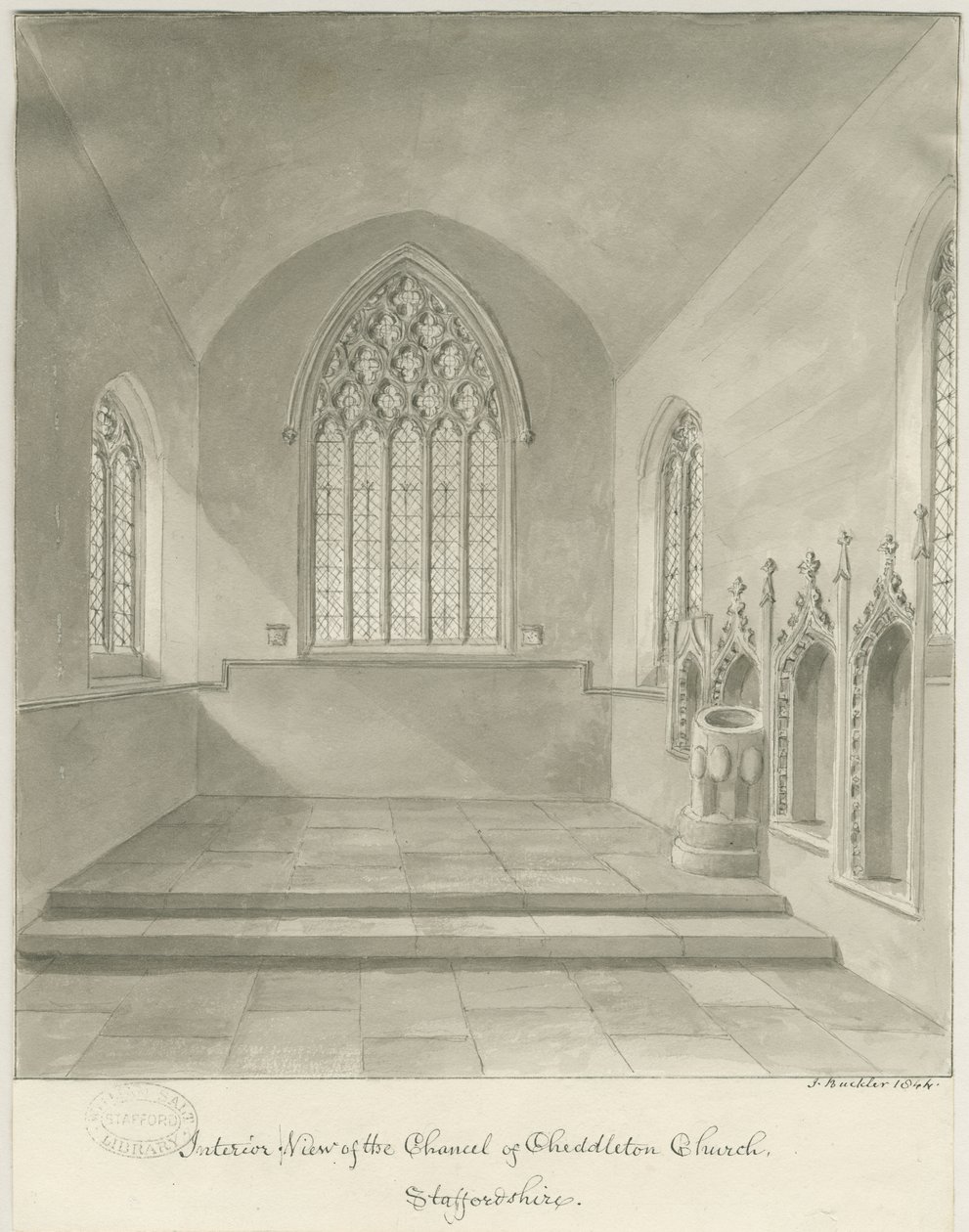 Innenansicht der Cheddleton Kirche von John Buckler