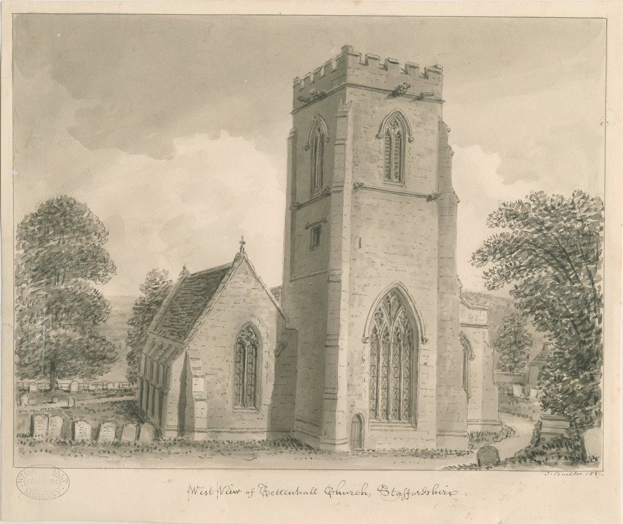 Tettenhall Kirche: Sepia-Tuschzeichnung, 1837 von John Buckler