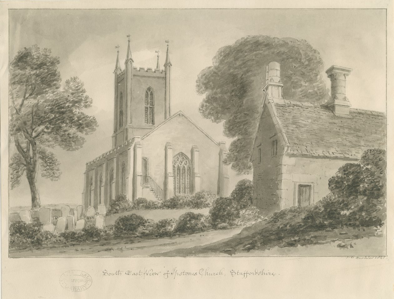 Ipstones Church: Sepia-Zeichnung von John Chessell Buckler