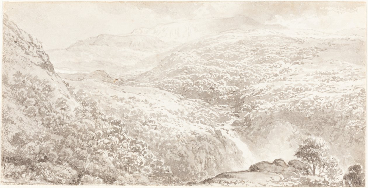 Ein Bergtal mit einem Wasserfall von John Glover