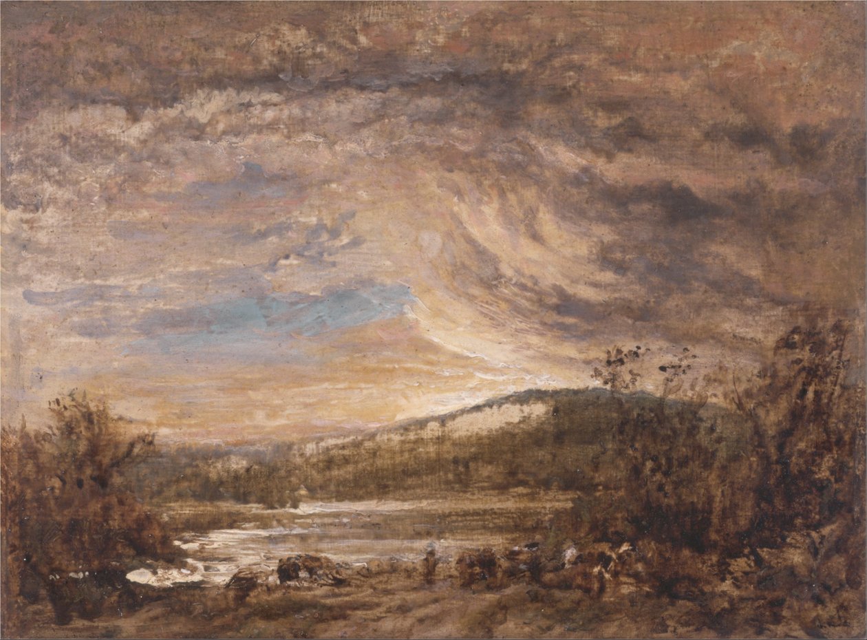Flusslandschaft, Sonnenuntergang von John Linnell