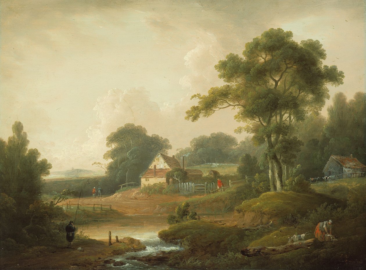 Landschaft mit Fischer und Wäscherin von John Rathbone