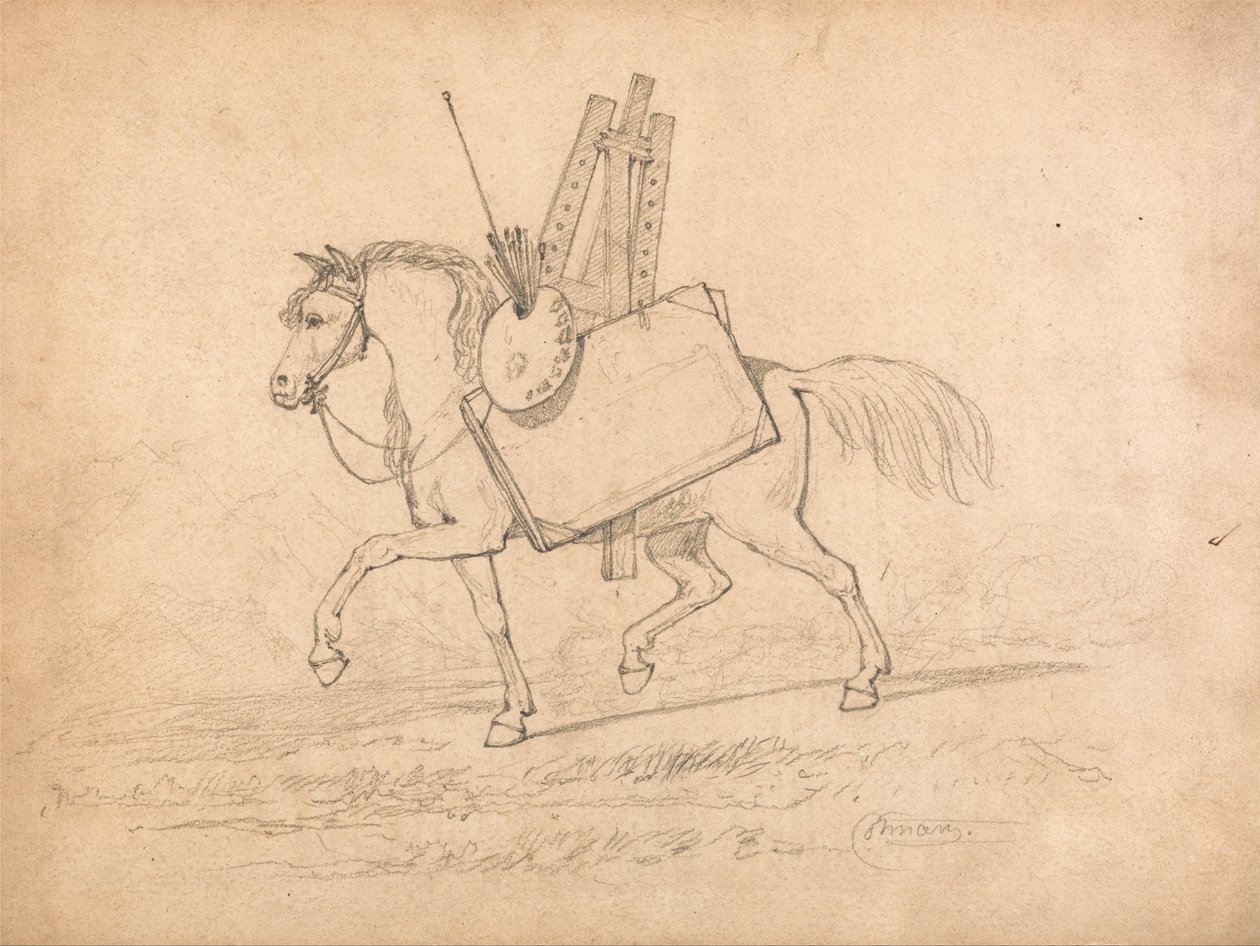 Pferd beladen mit Künstlerutensilien von John Sell Cotman